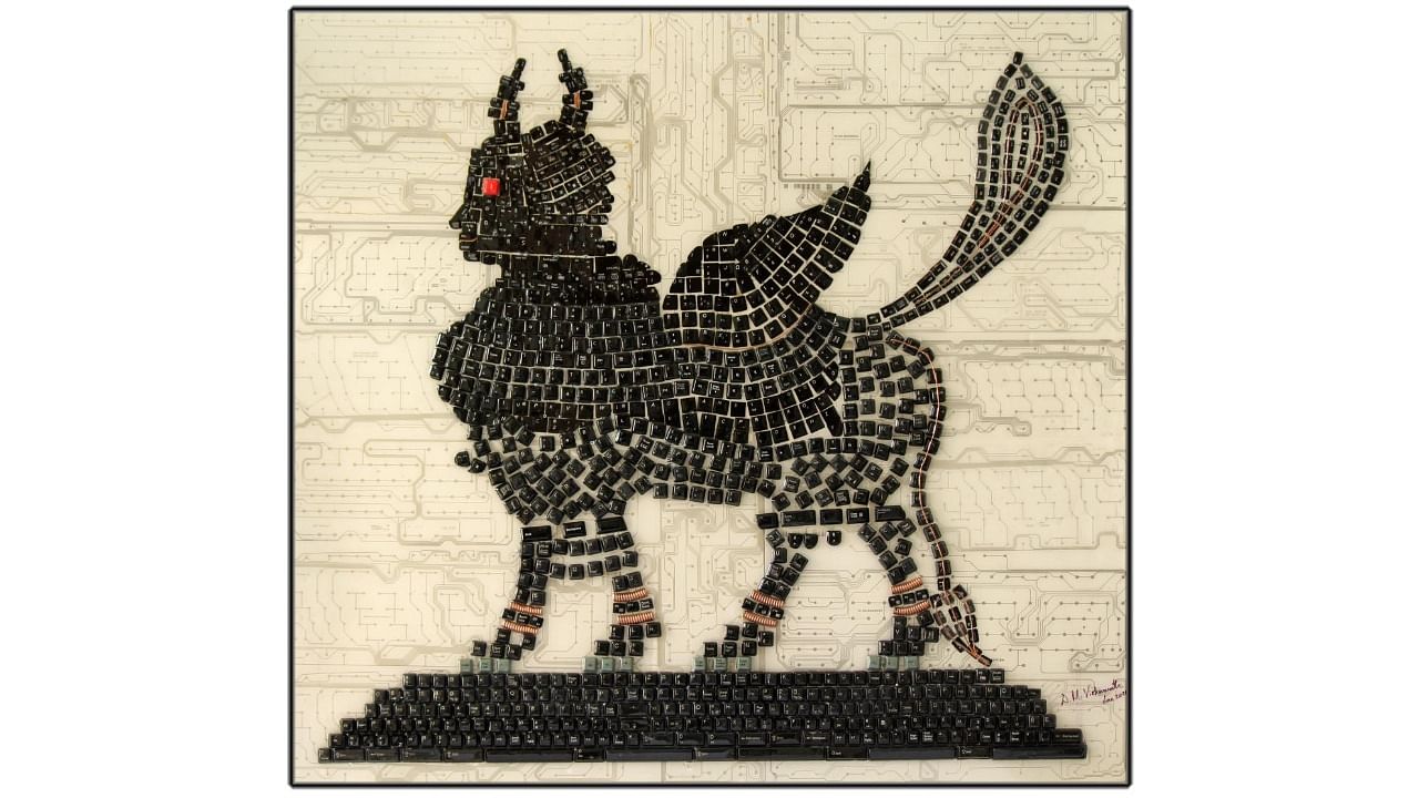An artwork depicting goddess Kamadhenu made with keyboard keys. Credit: Special arrangement