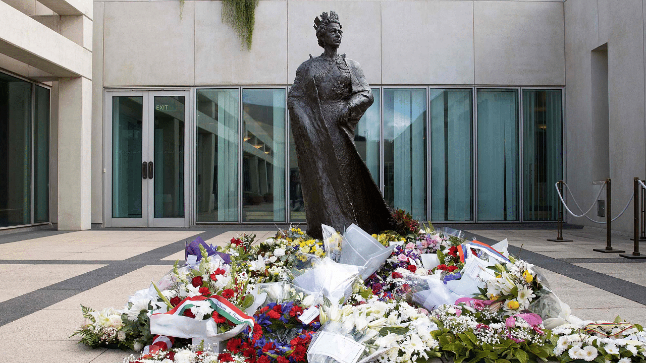The statue of Britain's Queen Elizabeth II after a wreath laying ceremony at Parliament House in Canberra. Credit: AFP Photo