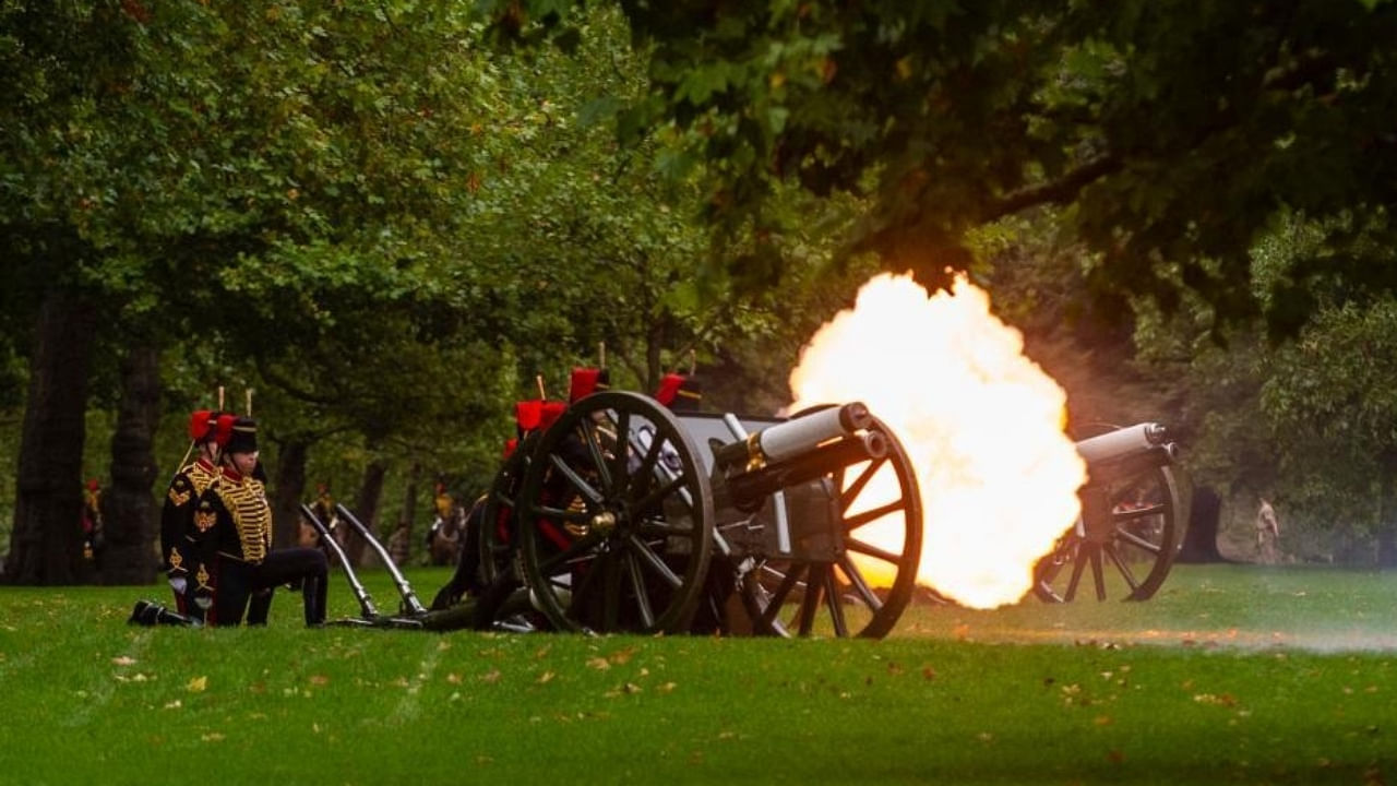 Members of the Royal Horse Artillery fire a gun salute in honor of Queen Elizabeth II at Hyde Park in London, Britain, on Sept. 9. Credit: IANS Photo