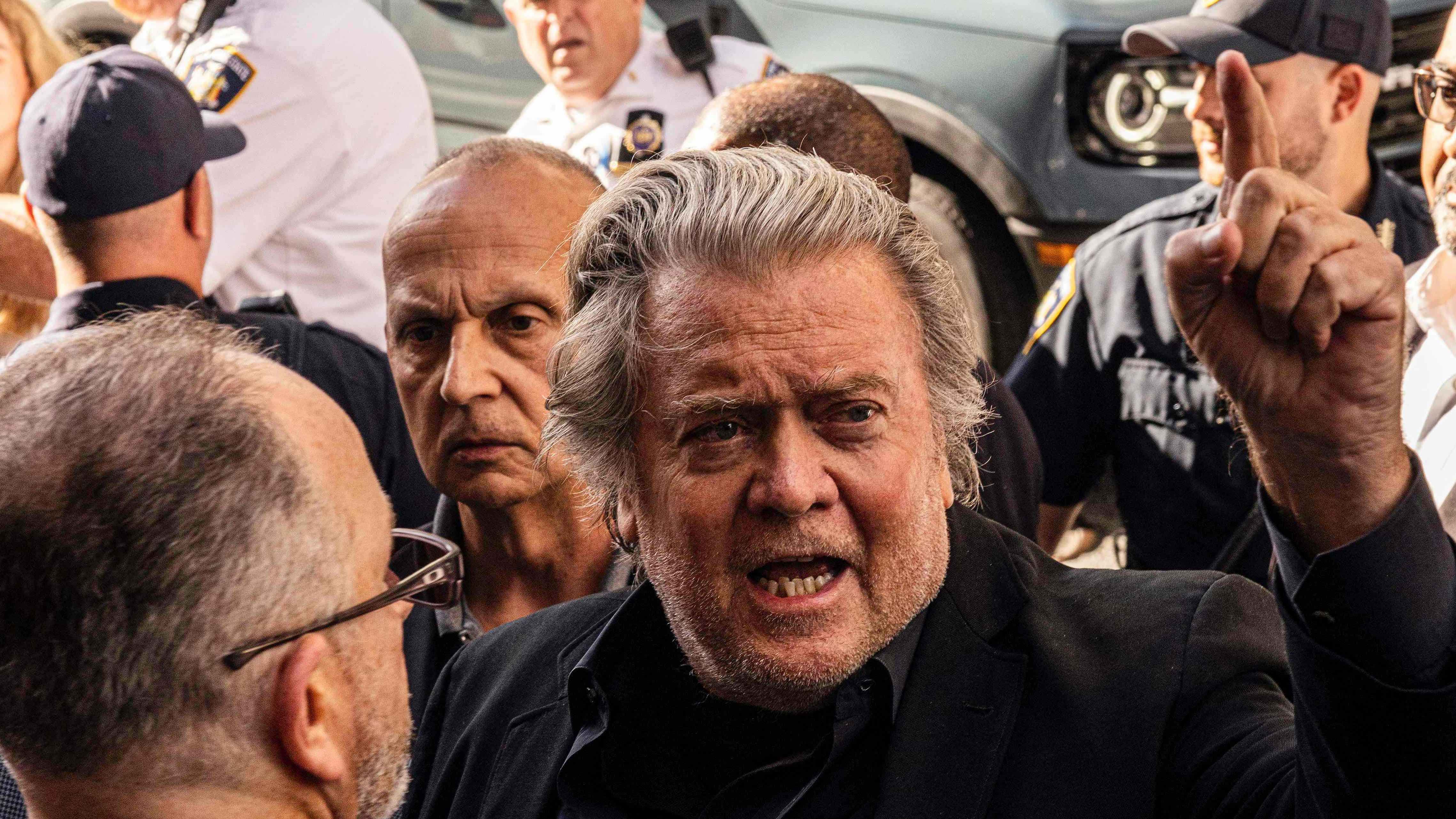Donald Trump's former advisor Steve Bannon arrives for court in New York on September 8, 2022, to be charged with fraud in a case of alleged misappropriation of funds for the construction of a wall between the US and Mexico. Credit: AFP Photo