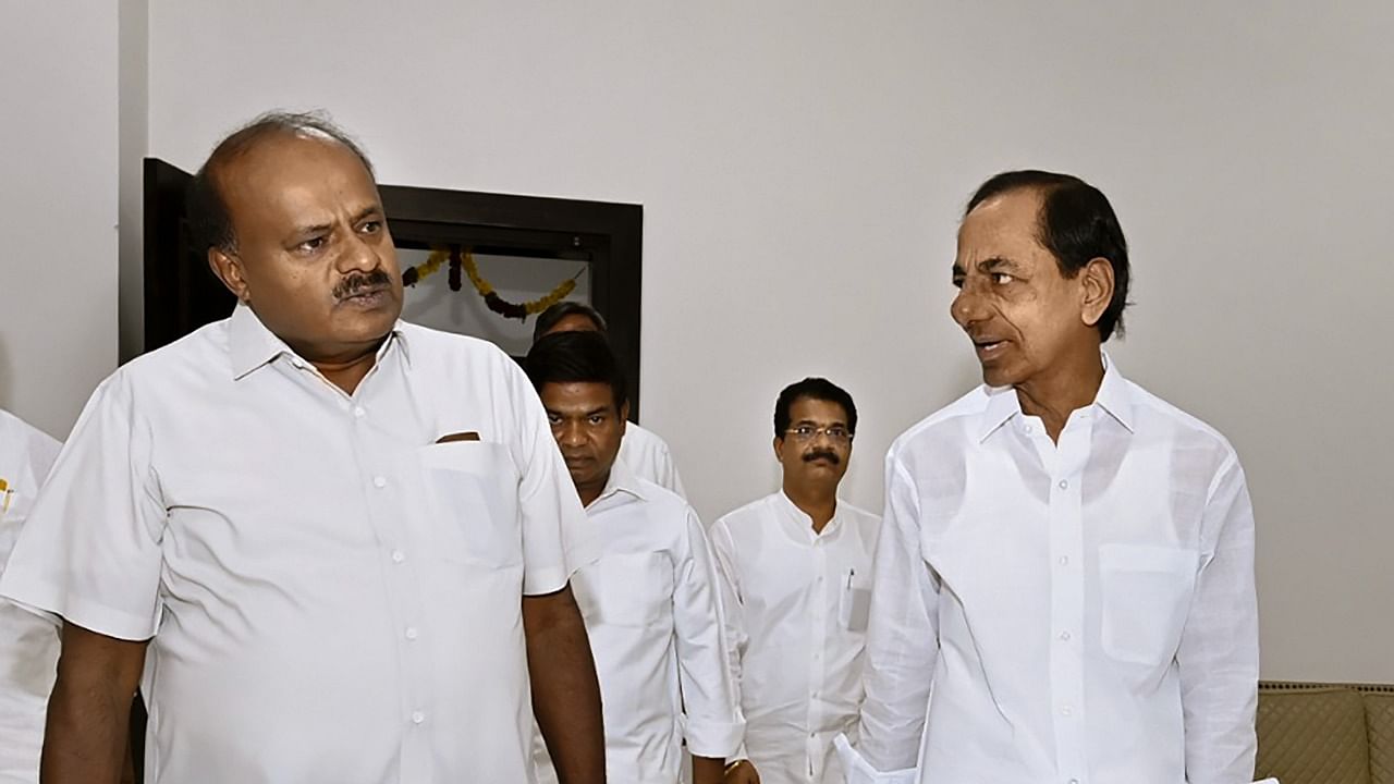 Telangana Chief Minister K Chandrashekar Rao in a meeting with former Karnataka chief minister H D Kumaraswamy at Pragathi Bhavan, in Hyderabad. Credit: PTI Photo