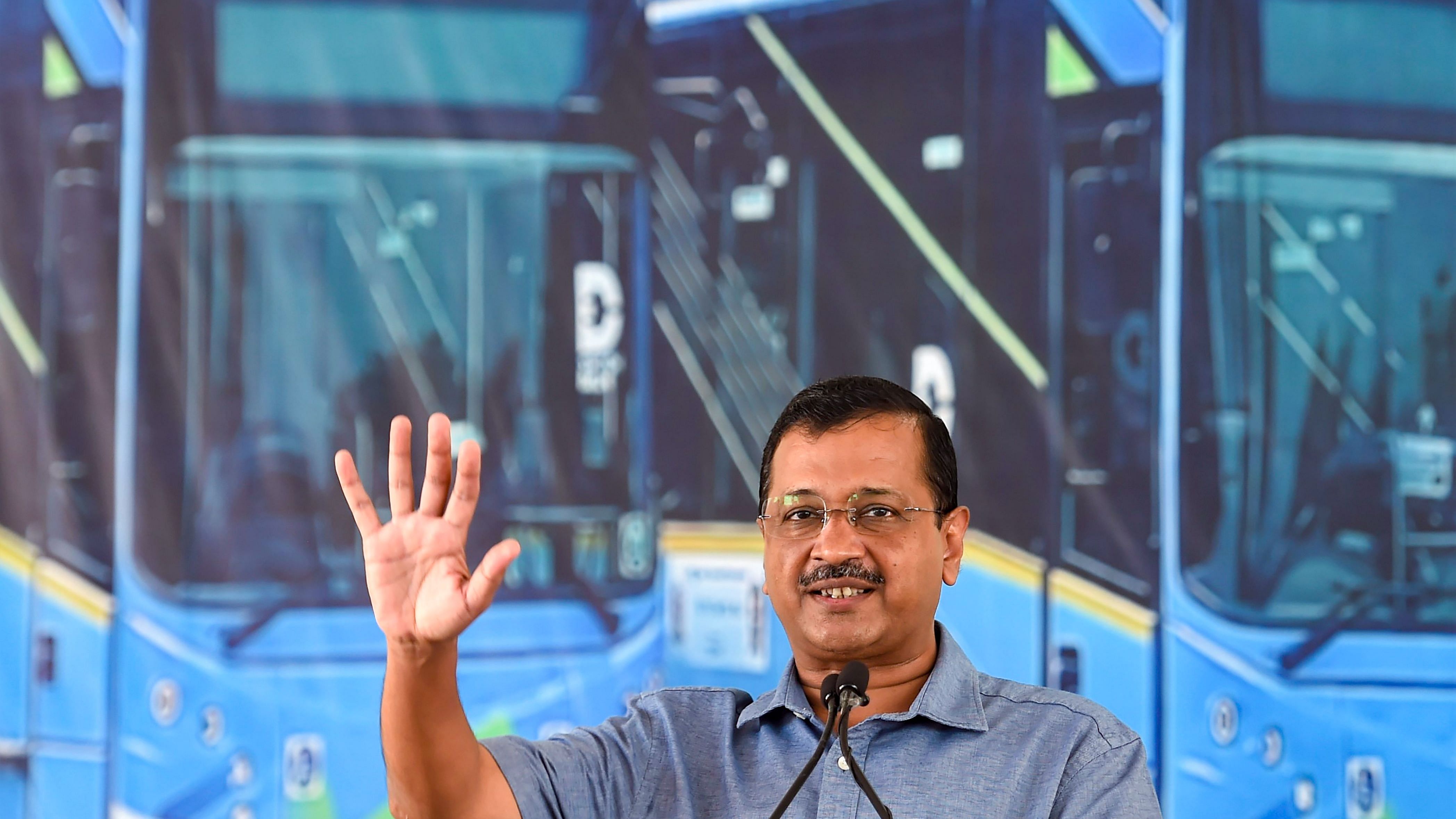  Delhi Chief Minister Arvind Kejriwal addresses during a ceremony to launch 97 electric buses, at Rajghat Bus Depot in New Delhi. Credit: PTI Photo