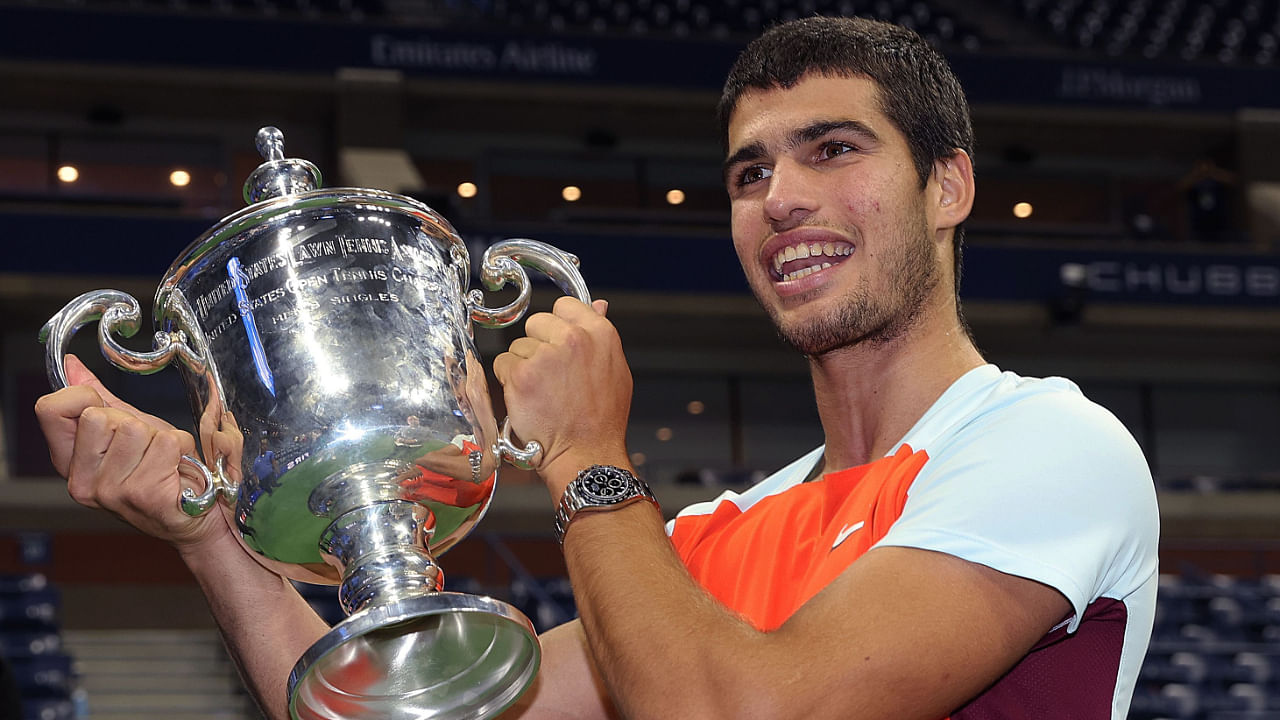 Carlos Alcaraz of Spain celebrates with the winners trophy after defeating Casper Ruud of Norway at the US Open final, September 11, 2022. Credit: AFP Photo