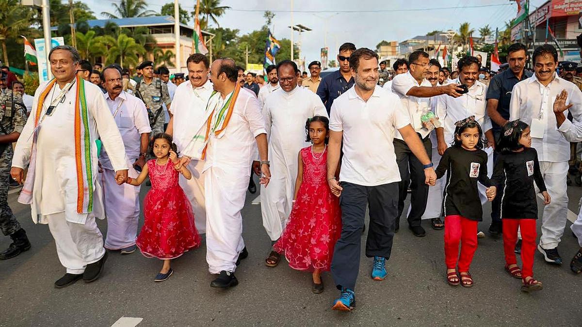Congress leaders Rahul Gandhi, Shashi Tharoor and others during the 'Bharat Jodo Yatra' in Kerala. Credit: PTI Photo