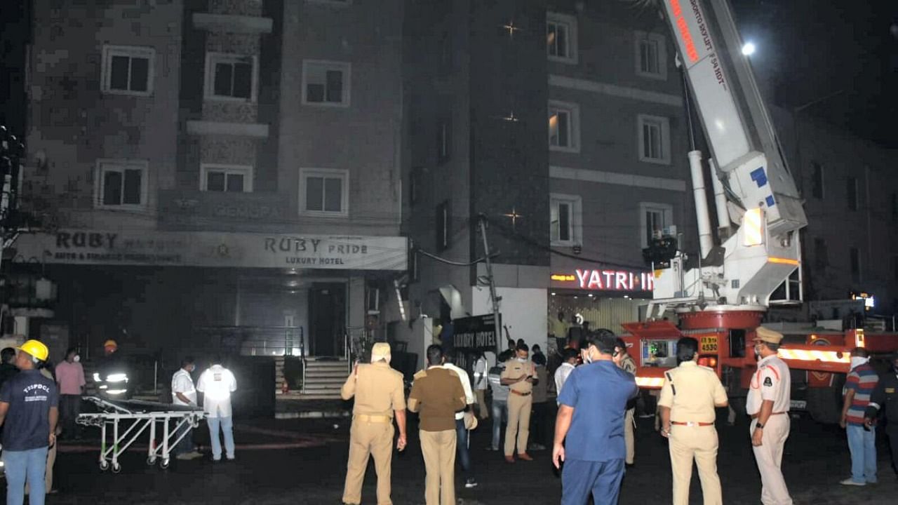 Rescue operation underway after a fire broke out in an electrical bike showroom in Secundrabad, Monday, Sept. 12, 2022. Credit: PTI Photo