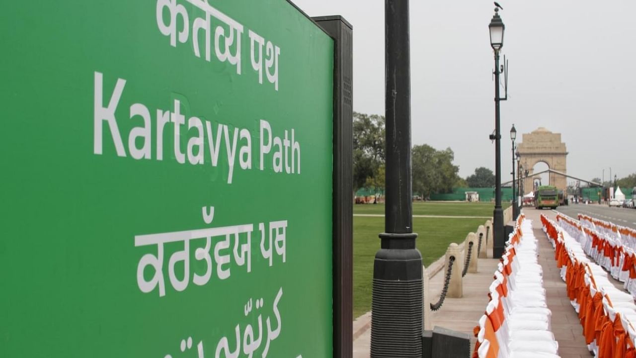 A view of the board with a new name 'Kartavya Path' of Rajpath. Credit: IANS Photo
