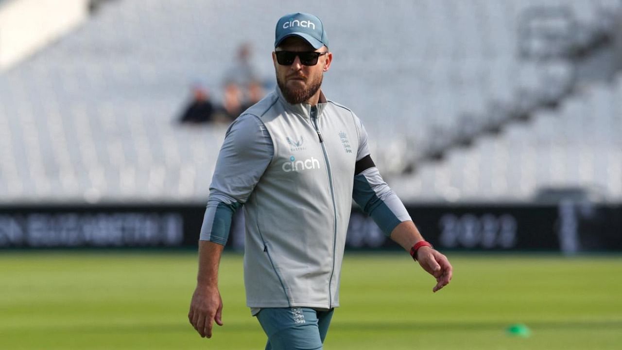 England's head coach Brendon McCullum walks on the pitch ahead of play on the fourth day of the third Test cricket match between England and South Africa at The Oval, in London, on September 11, 2022. Credit: AFP Photo