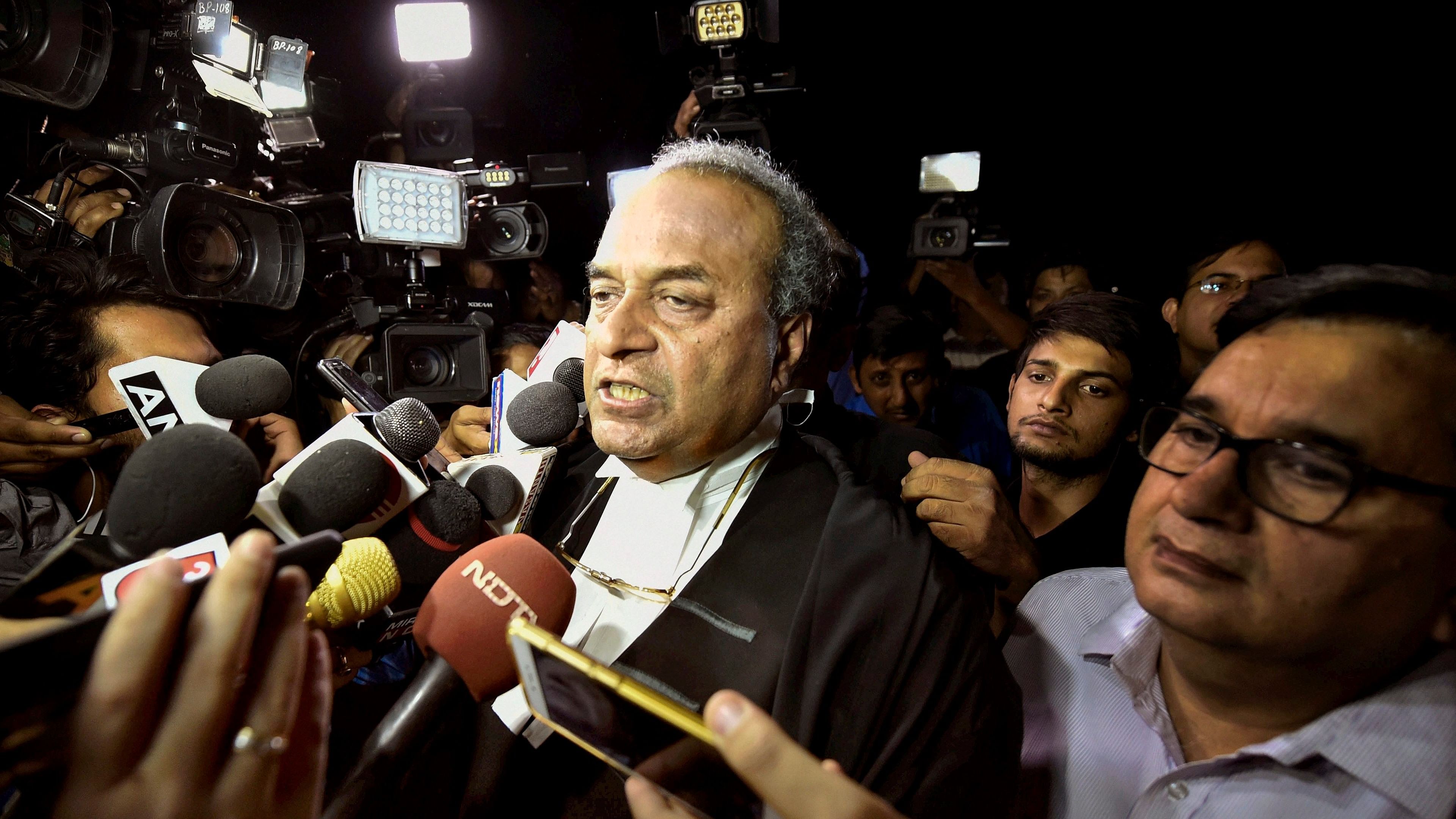 Mukul Rohatgi talks to the media as he arrives at the Supreme Court for the hearing of Congress & JD(S) petition challenging Karnataka Governor's decision to invite BJP for forming government in the state, in 2018. Credit: PTI File Photo