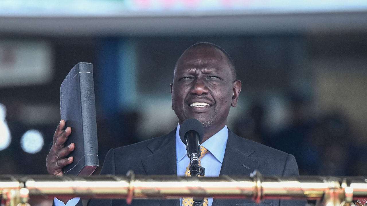 Incoming Kenyan President William Ruto takes the oath of office at the Moi International Sports Center Kasarani in Nairobi, Kenya, on September 13, 2022. Credit: AFP Photo