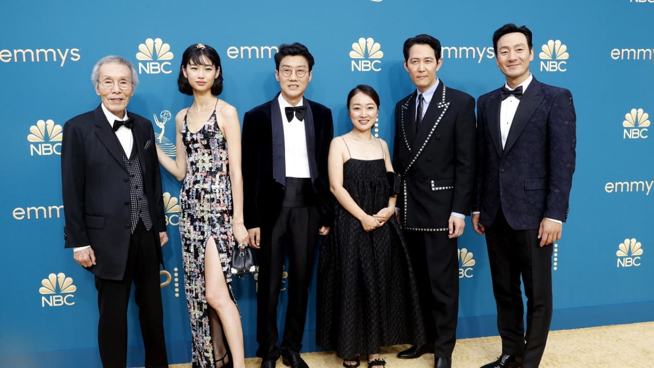 Park Hae-Soo, Lee Jung-Jae, Kim Ji-Yeon, Hwang Dong-Hyuk, Jung Ho-Yeon and Oh Young-Soo, of "Squid Game", arrive at the 74th Primetime Emmy Awards in Los Angeles, California. Credit: Reuters Photo