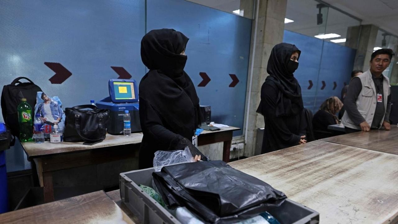 Afghan women airport workers are pictured at a security checkpoint of the airport in Kabul on September 12, 2021. Credit: AFP Photo