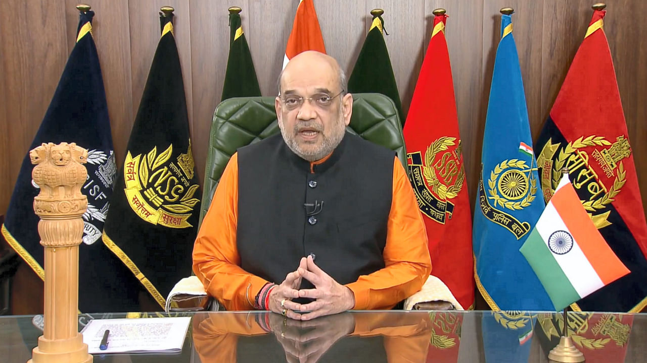 Union Home Minister Amit Shah gives an address during 'Hindi Diwas' via video conferencing. Credit: PTI Photo