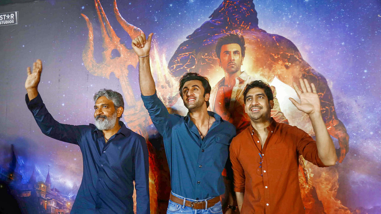 Filmmaker SS Rajamouli, Bollywood actor Ranbir Kapoor and director Ayan Mukerji during a promotional event for the upcoming film 'Brahmastra Part One: Shiva', in Visakhapatnam, Tuesday, May 31, 2022. Credit: PTI File Photo