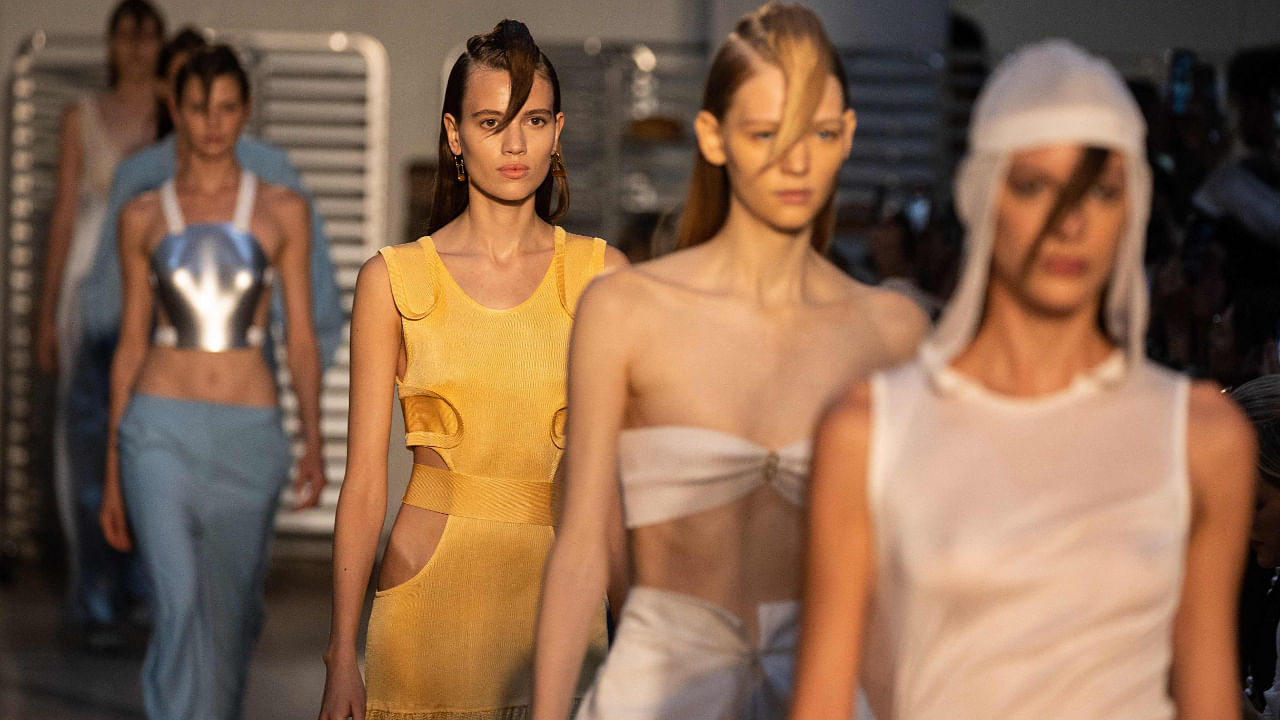 Models walk the runway at the BEVZA Spring 2023 fashion show during New York Fashion Week. Credit: AFP Photo