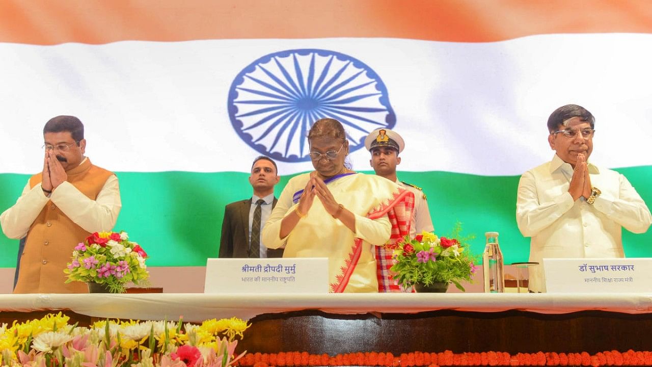 President Droupadi Murmu with Union Minister for Education Dharmendra Pradhan and Union MoS for Education Subhas Sarkar during the closing ceremony of diamond jubilee celebrations of IIT Delhi. Credit: PTI Photo