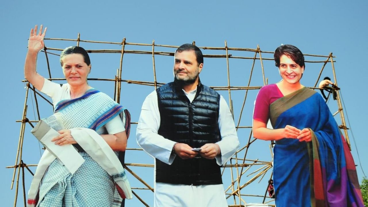 Cut-outs of Congress leaders Sonia Gandhi, Rahul Gandhi and priyanka Gandhi Vadra. Credit: IANS Photo