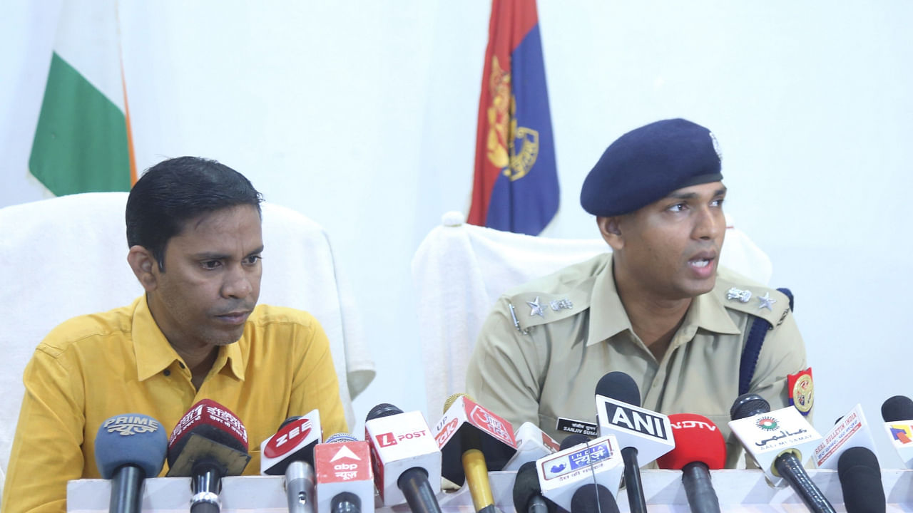  SP Lakhimpur Kheri Sanjeev Suman addresses a press conference on the alleged rape and murder of two minor Dalit sisters in Lakhimpur Kheri. Credit: PTI Photo