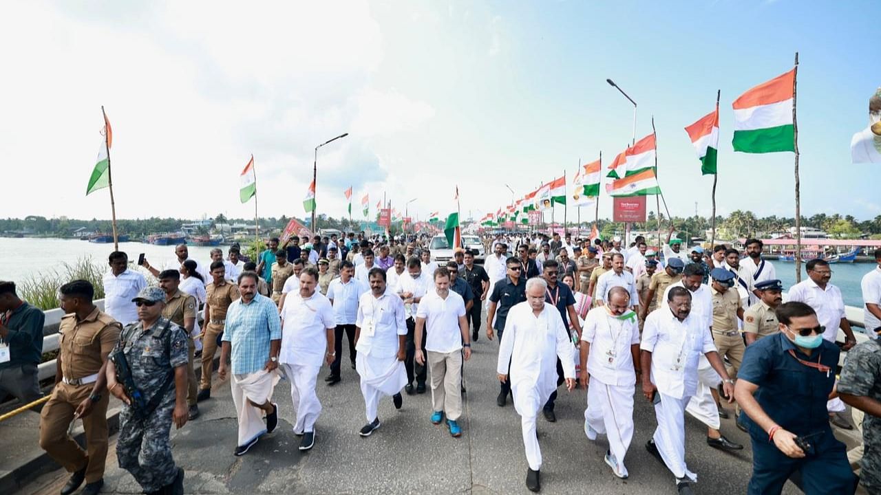 Congress leader Rahul Gandhi during the 'Bharat Jodo Yatra' in Kollam, Kerala. Credit: Twitter/@INCIndia