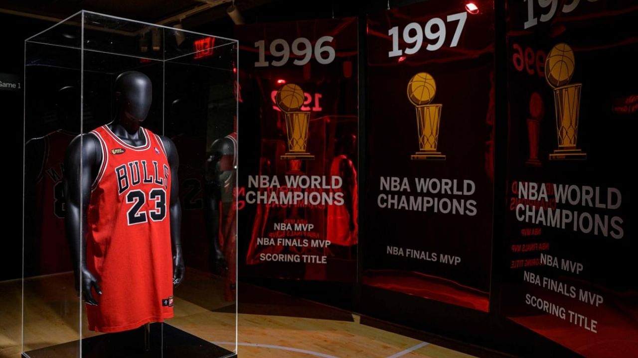 Michael Jordan’s game-worn 1998 NBA Finals ‘The Last Dance’ jersey, from game 1, is displayed during Sotheby’s ‘Invictus’ sales, in New York City. Credit: AFP Photo