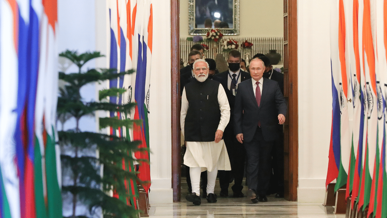 Russia's President Putin at a meeting with Prime Minister Modi in New Delhi. Credit: Reuters File Photo