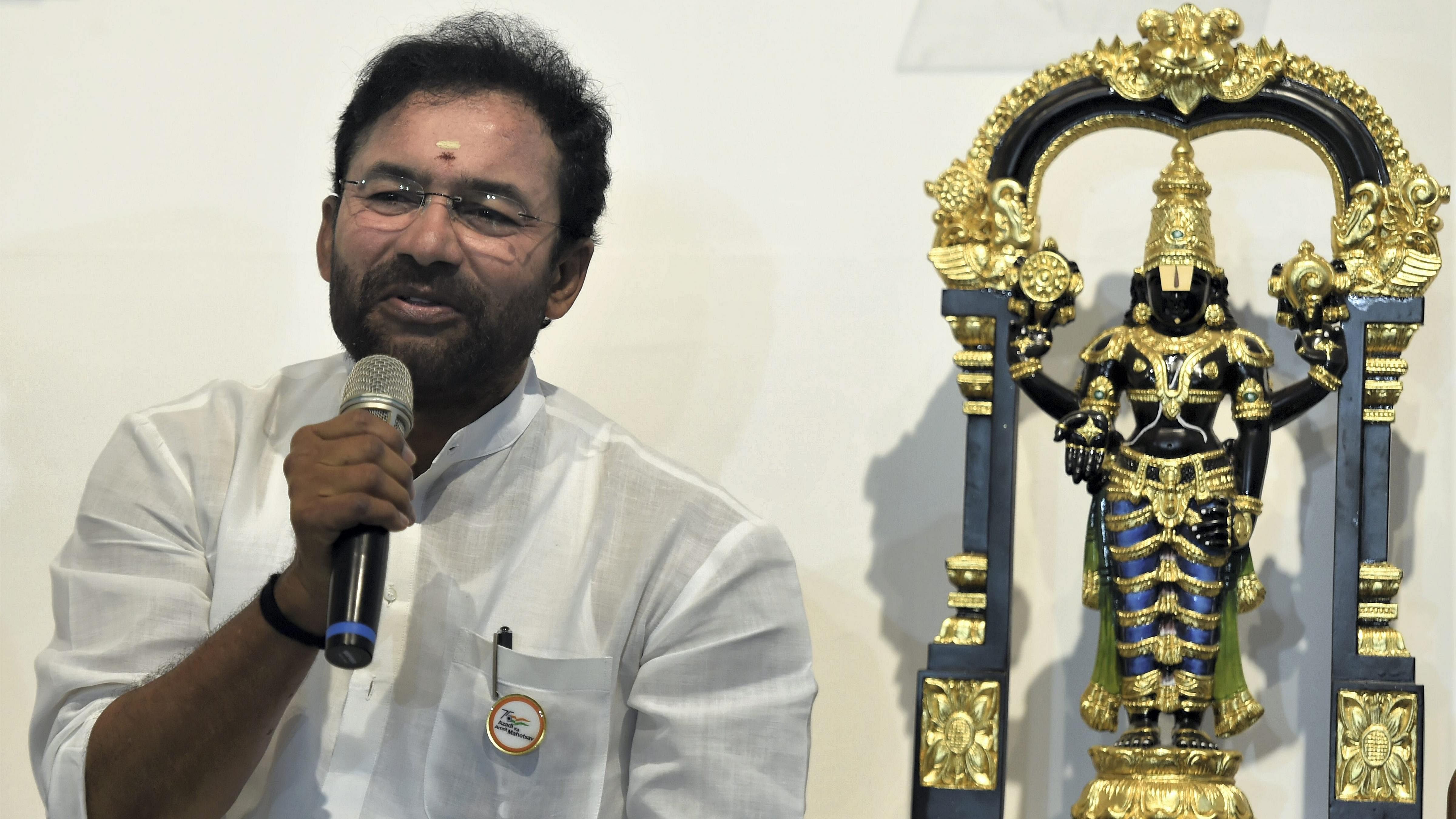 G Kishan Reddy speaks during his visit to an exhibition of mementos presented to PM, at National Gallery of Modern Art. Credit: PTI Photo