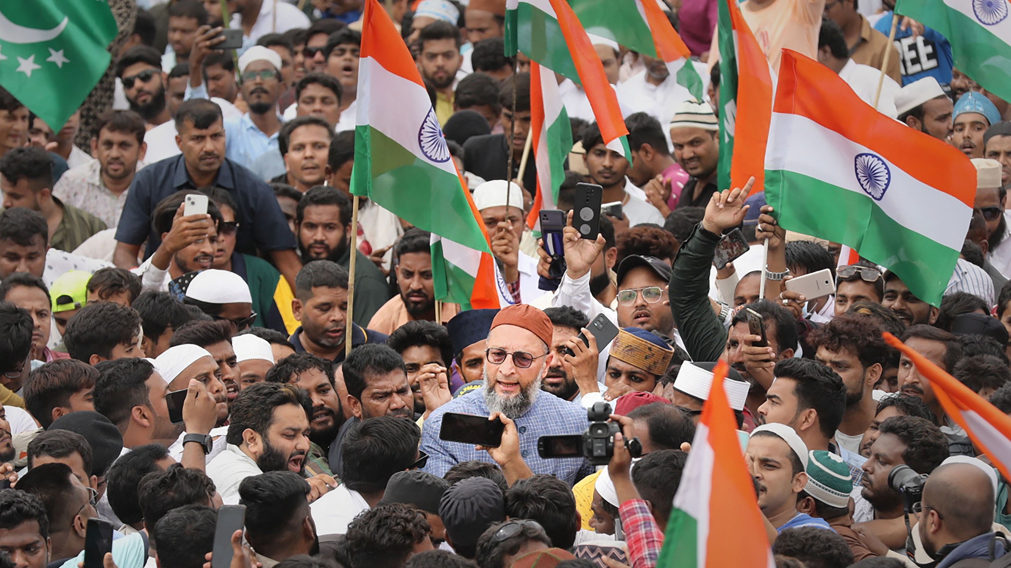 AIMIM President Asaduddin Owaisi participates in the ‘Tiranga Rally’. Credit: PTI Photo