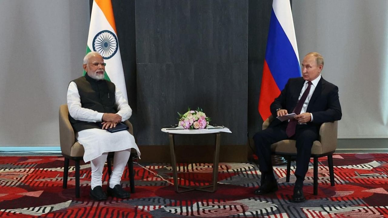 Russian President Vladimir Putin meets with India's Prime Minister Narendra Modi on the sidelines of the Shanghai Cooperation Organisation (SCO) leaders' summit in Samarkand on September 16, 2022. Credit: AFP Photo
