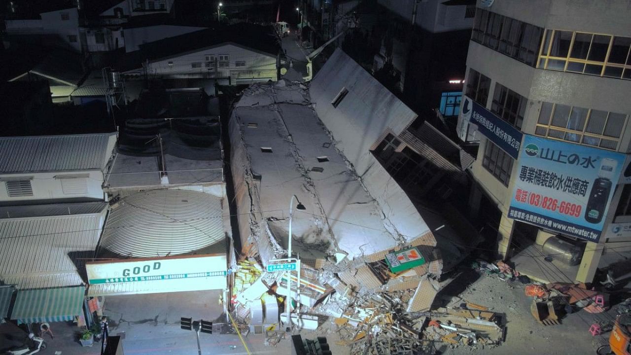 An aerial view shows a collapsed building after an earthquake at Yuli Township in Hualien county, eastern Taiwan. Credit: AFP Photo