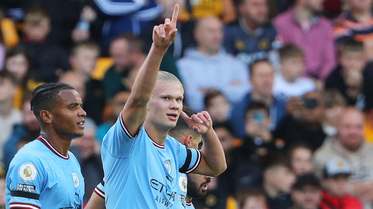 Erling Haaland celebrates scoring his team's second goal during City's match against Wolves, September 17, 2022. Credit: AFP Photo