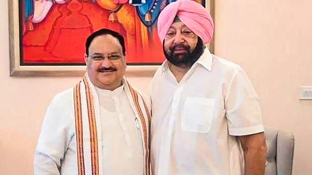 BJP National President J P Nadda in a meeting with former Punjab chief minister Amarinder Singh, in New Delhi, Monday, Sept. 19, 2022. Credit: PTI Photo