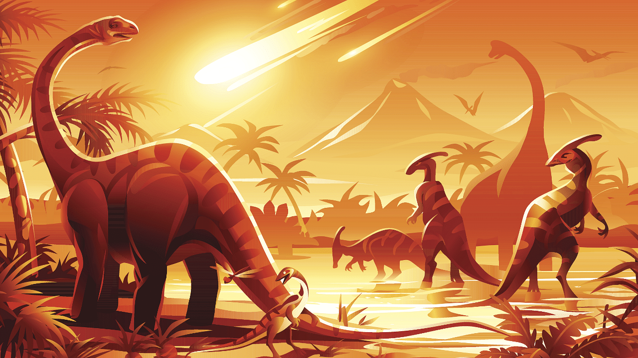 Detailed illustration of a prehistoric scene showing a meteor impact causing dinosaur extinction. Credit: iStock Images
