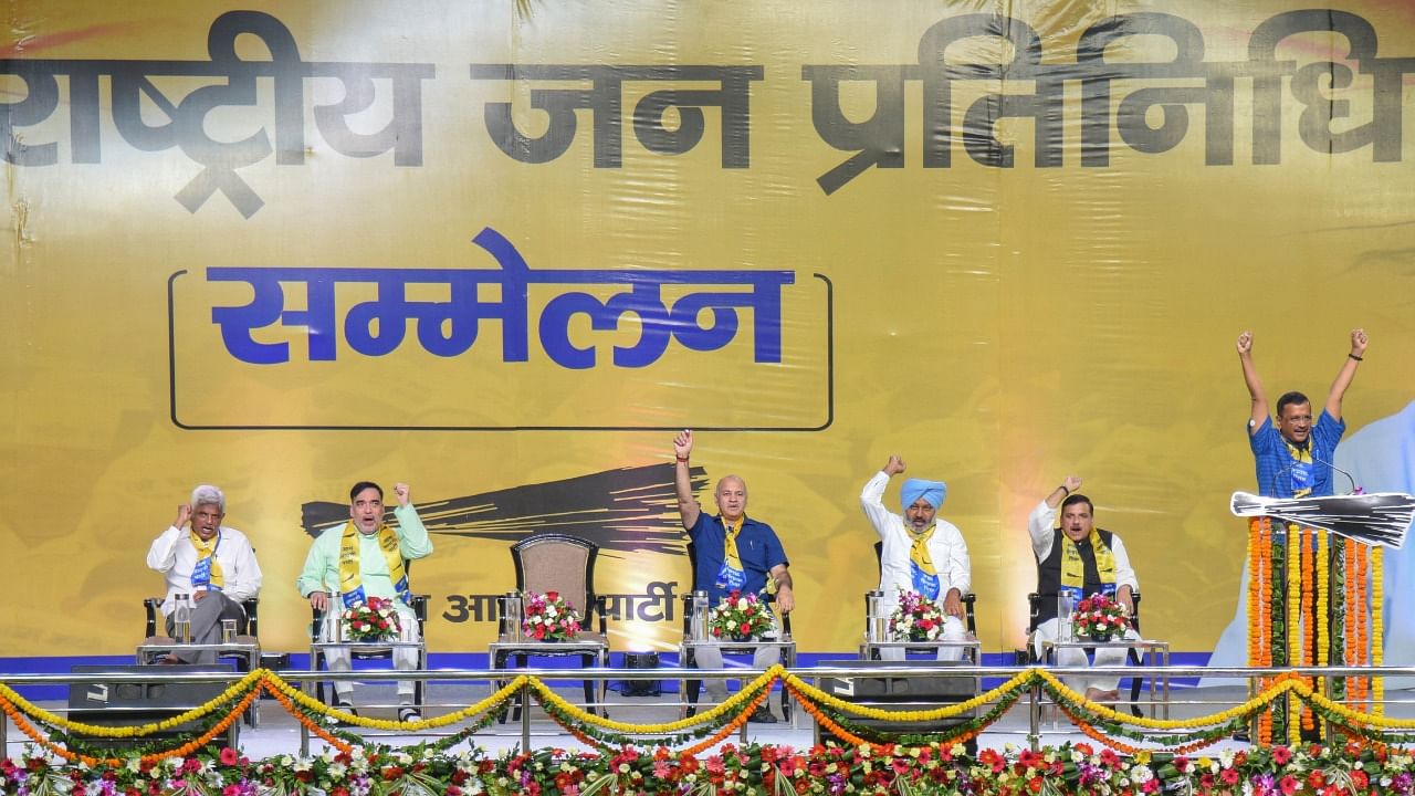 Chief Minister of Delhi Arvind Kejriwal speaks during the 'Rashtriya Jan Pratinidhi Sammelan', at Indira Gandhi Indoor Stadium in New Delhi. Credit: PTI Photo