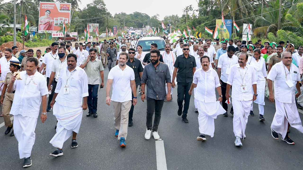 Congress leader Rahul Gandhi during the party's 'Bharat Jodo Yatra', in Alappuzha district. Credit: PTI Photo