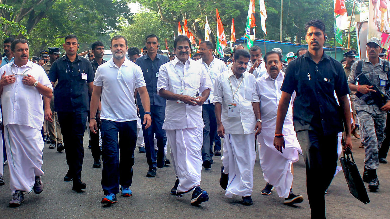 Congress leaders Rahul Gandhi, K. Muraleedharan, KC Venugopal, and others during the Bharat Jodo Yatra in Thiruvananthapuram district, September 13, 2022. Credit: PTI File Photo
