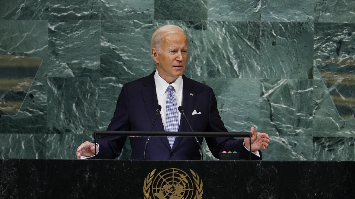 US President Joe Biden gestures as he speaks during the 77th session of the United Nations General Assembly (UNGA) at UN headquarters. Credit: AFP Photo