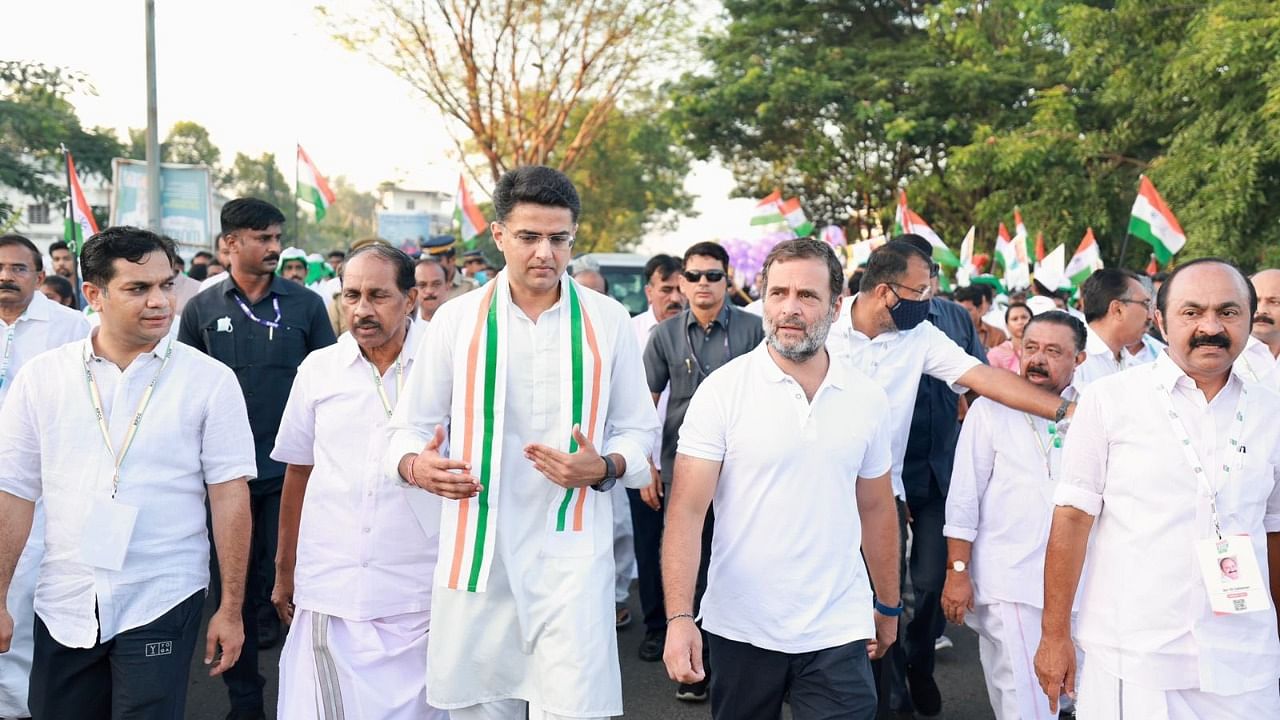 The Wayanad MP was accompanied by Congress leader Sachin Pilot, among others, as he began the 14th day of the yatra. Credit: Twitter/@Jairam_Ramesh