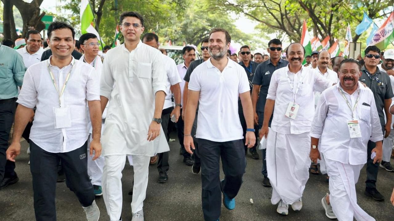 Congress leader Rahul Gandhi, Sachin Pilot and others during the 14th day of party's 'Bharat Jodo Yatra' in Kochi, Kerala. Credit: PTI Photo