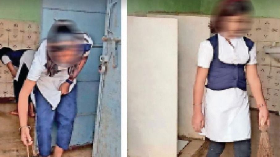 The incident came to light when reports in this regard surfaced in the media with photos of girls in uniform cleaning toilets at a primary and middle school located in Chakdevpur village in the district. Credit: Twitter/ @NarendraSaluja