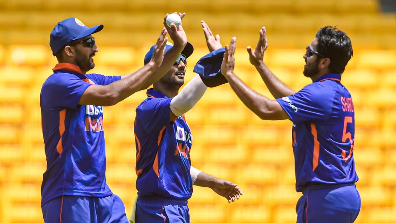 India A bowler Shardul Thakur celebrates a wicket during the 1st unofficial One Day International (ODI) cricket match between India A and New Zealand A, at MA Chidambaram Stadium in Chennai, Thursday, Sept. 22, 2022. Credit: PTI Photo