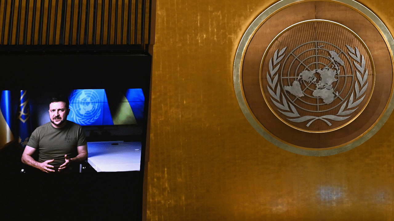 Ukrainian President Volodymyr Zelensky remotely addresses the 77th session of the United Nations General Assembly at the UN headquarters in New York City. Credit: AFP Photo