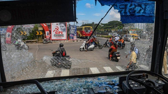 Kerala witnessed widespread stone pelting at public transport buses, damaging of shops and vehicles during PFI hartal. Credit: PTI Photo