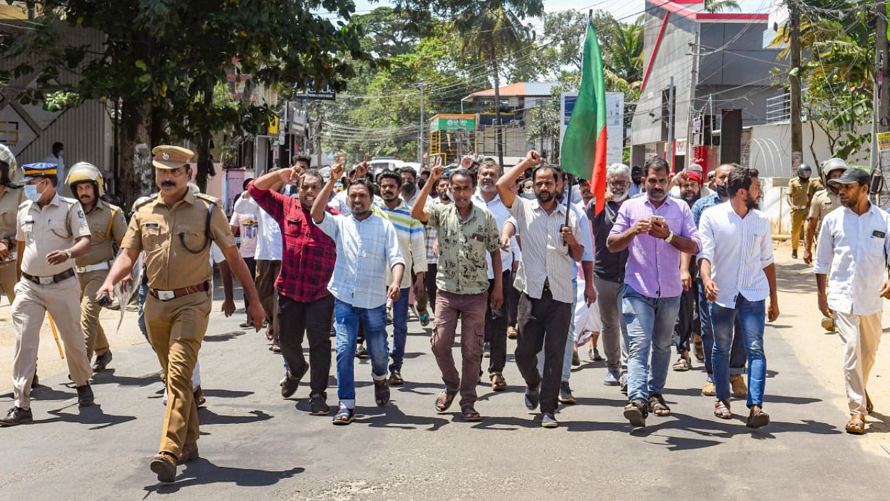 Activists of Popular Front of India (PFI) march during the 'hartal' called by PFI in protest against the nationwide arrest of its leaders by National Investigation Agency and Enforcement Directorate, in Thiruvananthapuram, Friday, Sept. 23, 2022. Credit: PTI photo