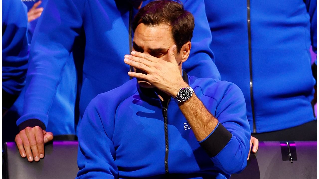Team Europe's Roger Federer reacts at the end of his last match after announcing his retirement. Credit: Reuters Photo