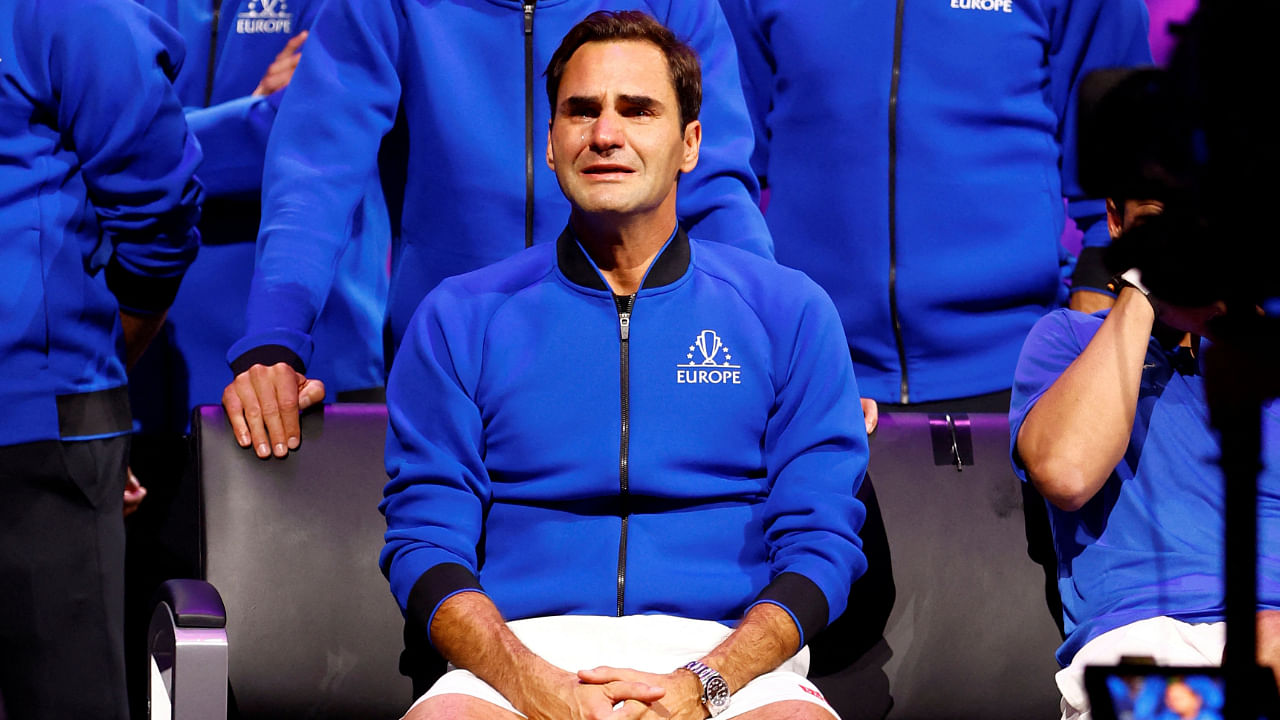 Team Europe's Roger Federer reacts at the end of his last match after announcing his retirement. Credit: Reuters Photo