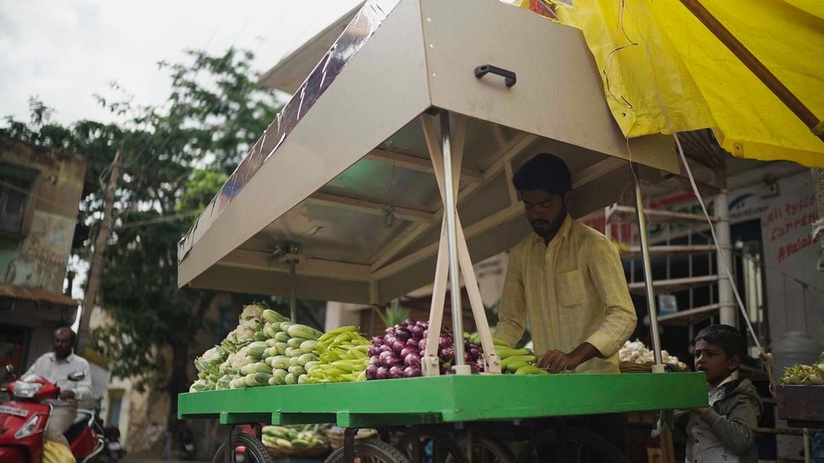 The tilt given to the canopy of the Cooling Cart helps in reduction of temperature under it. Credit: Special arrangement