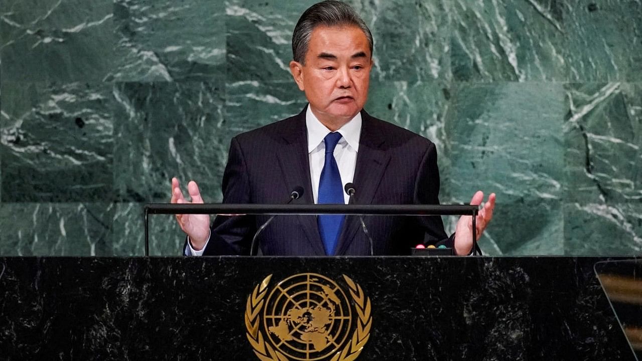 Chinese State Counsellor and Foreign Minister Wang Yi addresses the 77th Session of the United Nations General Assembly. Credit: Reuters Photo