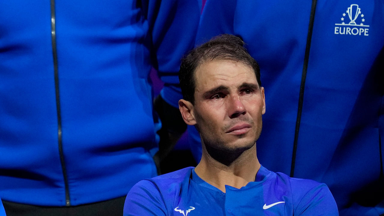 An emotional Rafael Nadal during Roger Federer's last professional tennis match at the Laver Cup, September 23, 2022. Credit: AP/PTI Photo