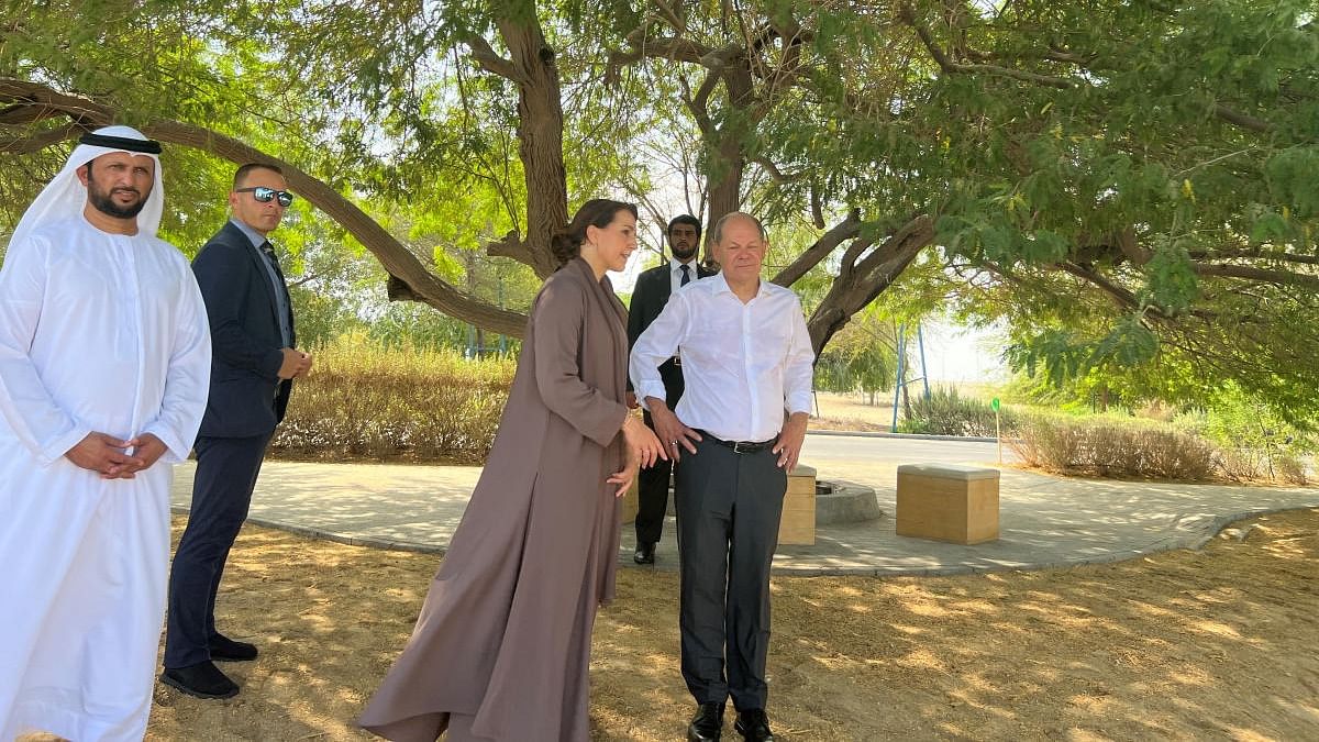 German Chancellor Olaf Scholz accompanied by UAE Minister of Climate Change and Environment Maryam Al Muhairi visits mangrove park in Jubail, Abu Dhabi. Credit: Reuters photo
