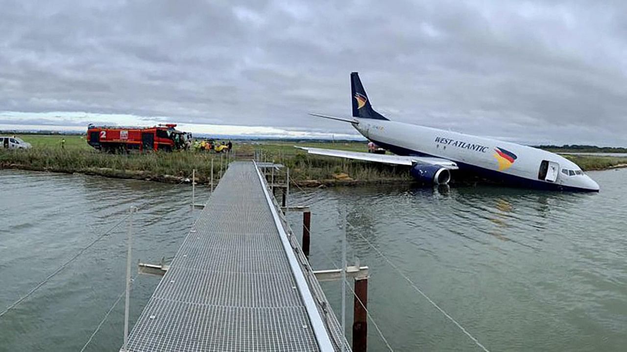 An Aeropostale Boeing 737 aircraft after it overran the runway during its landing phase at night at Montpellier airport. Credit: AFP Photo