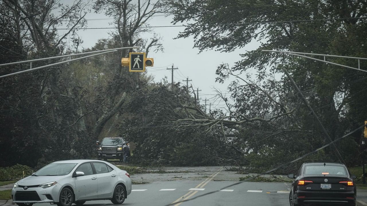 Vehicles turn around as trees and downed power lines block a road after Post-Tropical Storm Fiona hit Canada. Credit: AFP Photo